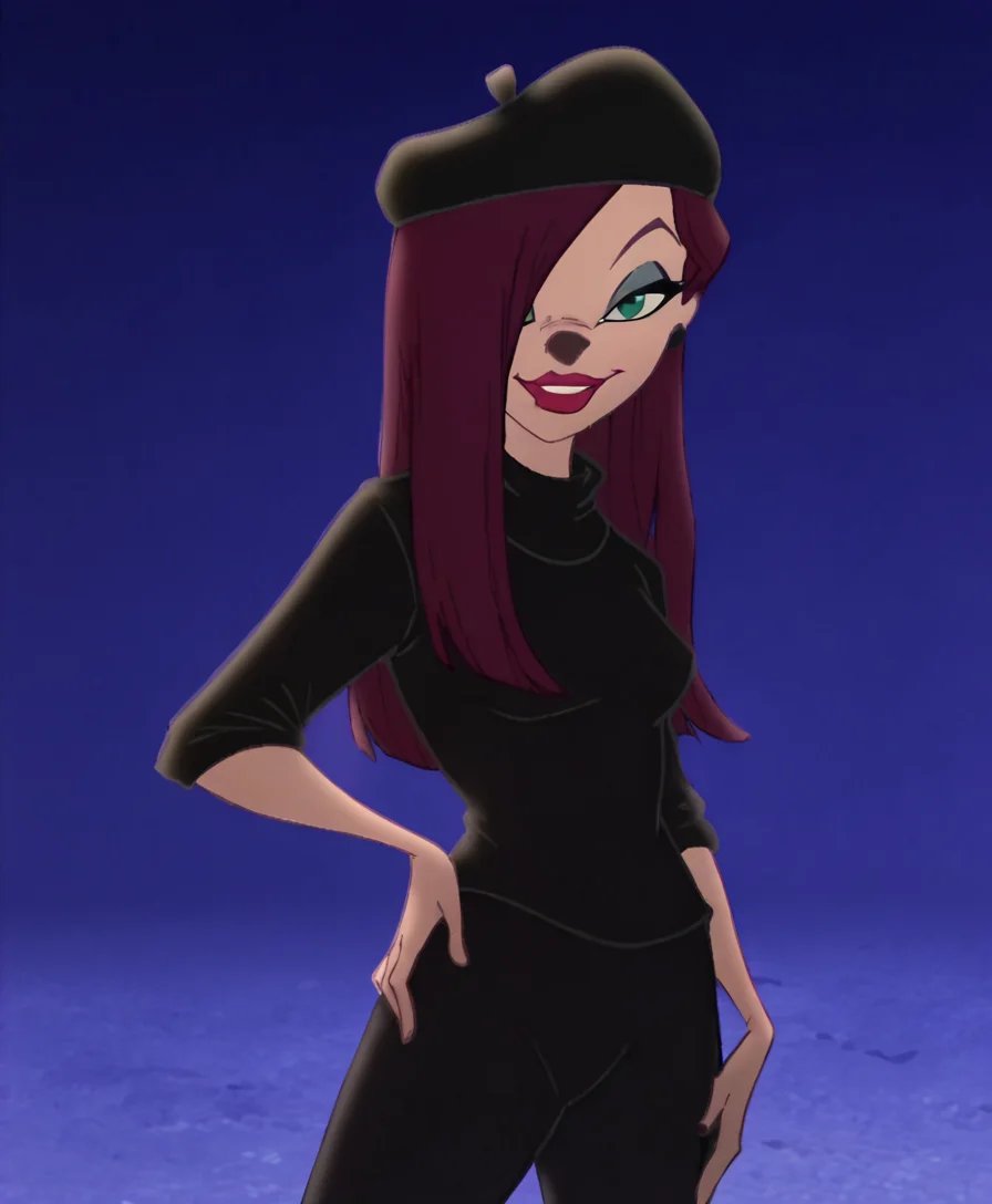 <lora:BeretGirlpony1.0:1>beretgirl, 1girl, long hair, beret, solo, purple hair, makeup, lipstick, black shirt, black pants, standing, green eyes, looking at viewer, score_9, score_8_up, score_7_up, score_6_up, score_5_up, score_4_up, looking at viewer, hand on own hip, cowboy shot,smile, hair over one eye, blue background,
