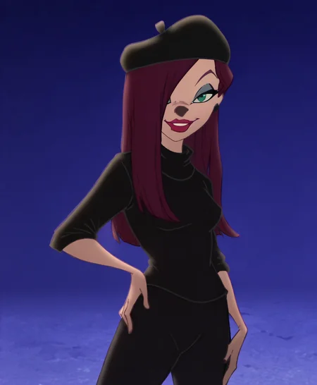 <lora:BeretGirlpony1.0:1>beretgirl, 1girl, long hair, beret, solo, purple hair, makeup, lipstick, black shirt, black pants, standing, green eyes, looking at viewer, score_9, score_8_up, score_7_up, score_6_up, score_5_up, score_4_up, looking at viewer, hand on own hip, cowboy shot,smile, hair over one eye, blue background,