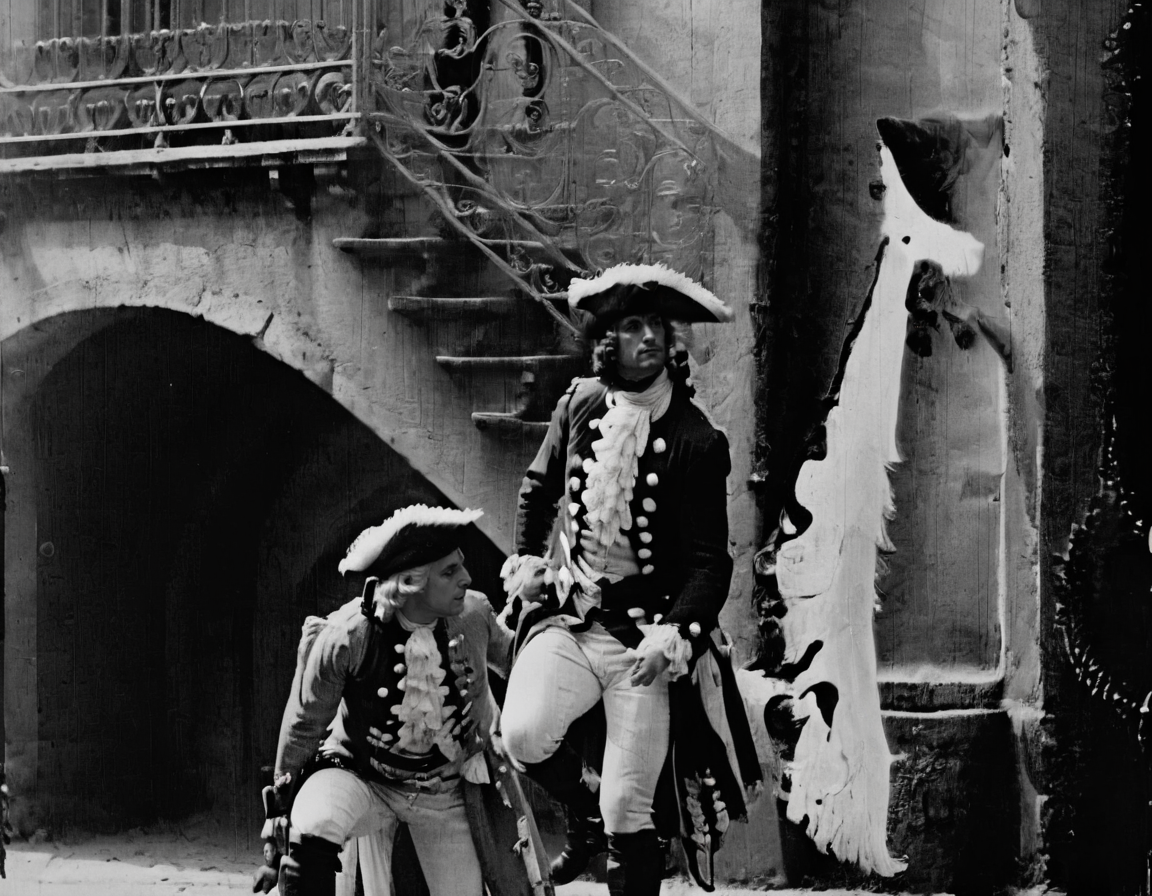 <lora:fdec:0.8>fdec man wearing 18th century clothes in front of old building
photograph from 1920s
