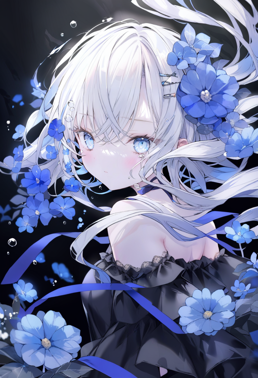 masterpiece, best quality, <lora:oninekoXL_ANI31_lokr_V43P1:0.95> 1girl, flower, solo, blue eyes, blue flower, looking at viewer, hair ornament, long hair, upper body, bubble, bare shoulders, hairclip, white hair, dress, floating hair, off shoulder, black background, black dress, hair between eyes, ribbon, off-shoulder dress, air bubble, blue ribbon, closed mouth, underwater, blush, hair flower, looking back