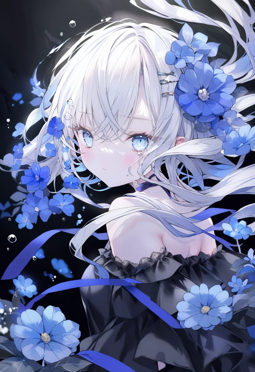 masterpiece, best quality, <lora:oninekoXL_ANI31_lokr_V43P1:0.95> 1girl, flower, solo, blue eyes, blue flower, looking at viewer, hair ornament, long hair, upper body, bubble, bare shoulders, hairclip, white hair, dress, floating hair, off shoulder, black background, black dress, hair between eyes, ribbon, off-shoulder dress, air bubble, blue ribbon, closed mouth, underwater, blush, hair flower, looking back