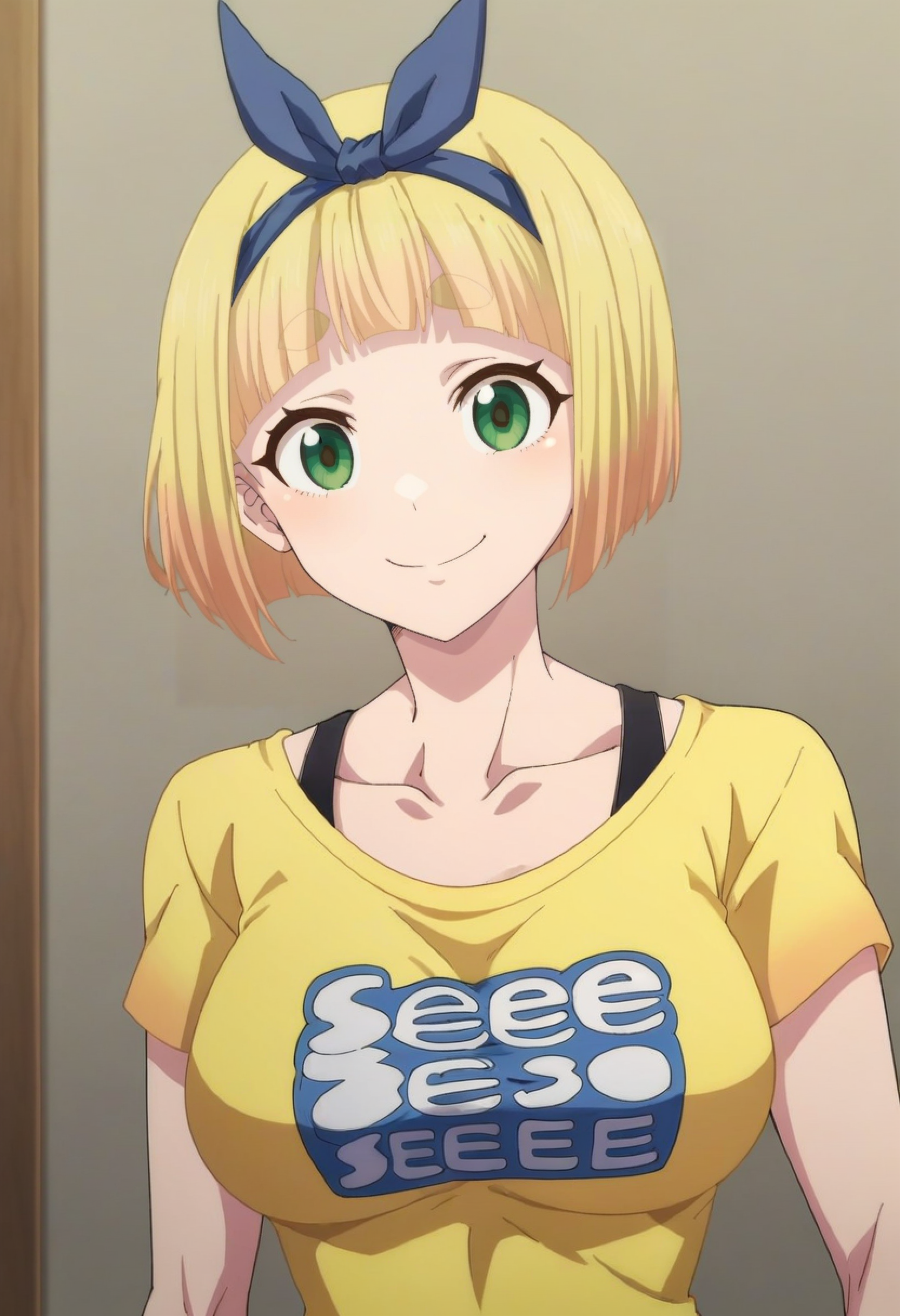 shushu suruga, blonde_hair, short_hair, 1girl, green_eyes, solo, hairband, bangs, large_breasts, hair_bow,   shirt, yellow_shirt, clothes_writing, collarbone,  looking at viewer,smile <lora:Shushu Suruga:1>, score_9, score_8_up, score_7_up, score_6_up, score_5_up, score_4_up ,BREAK source_anime, anime