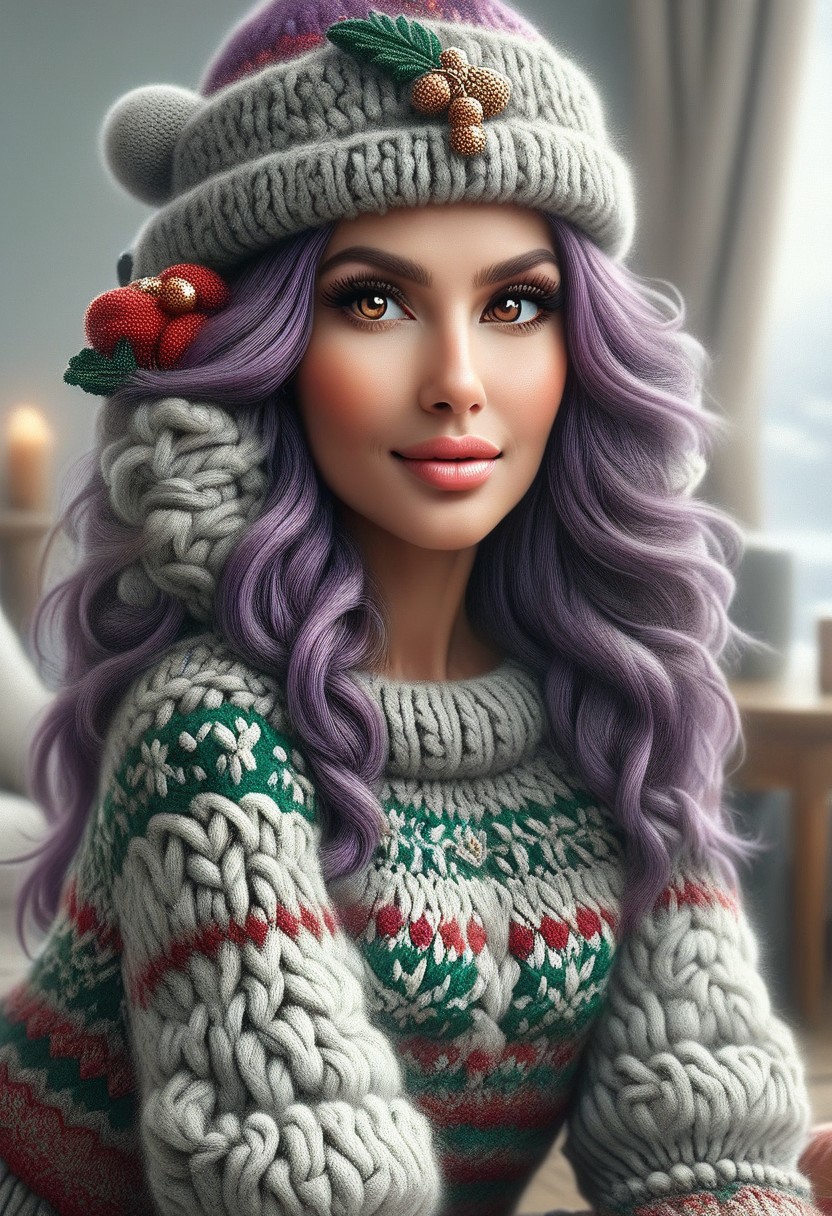 score_9, score_8_up, score_7_up, score_6_up, score_5_up, score_4_up, UHD, 8K, masterpiece, detailed, ultra_high_resolution, lots of detail, OverallDetailXL, detailxl, regalres, Masterpiece, 32k, photorealistic:1.4, score_9, score_8_up, score_7_up, (small waist:2.3), fitness body, toned muscles, wide hips, slender legs, high cheekbones, oval face, 32 years old, mature female, milf, makeup, curvy, office, pretty face, (massive breasts:3,4), jewelry, solo, lillybunz, (big bright eyes:1.2), beautiful eyes, brown eyes, fully dressed, puffy shoulders, long fiber sleeves, glowing hat, Faris Scherwiz, F4r1s Sch3rw1z, purple hair, jacket, tunic, jewel, Captain,ChristmasSweater, Sea has Christmas Sweater pattern, ship.
