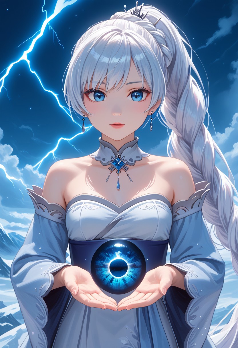 score_9, score_8_up, score_7_up,source_anime, high res image, masterpiece, best quality, EyesHD, beautiful eyes, perfect eyes, beautiful hands, perfect hands,
 Weiss Schnee, Weiss Schnee, long hair, ponytail, white hair, blue eyes, small breasts, mature body,  wearing a fancy Japanese kimono, holding a lightning, Jagged Mountains background, black and purple swirling colors in background, realistic lighting 3D, anime, art by michellekuku