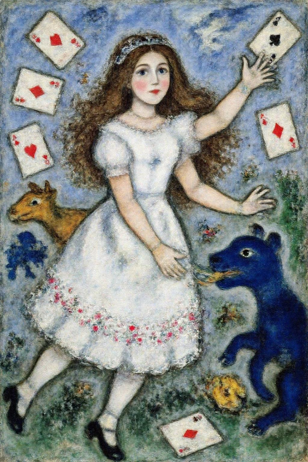 marcha9 painting A scene from "Alice's Adventures in Wonderland." The central figure is a young girl, Alice, with long, flowing brown hair, wearing a white dress adorned with small red flowers. She appears to be in mid-motion, as suggested by her raised arms and the scattered playing cards flying around her. The cards are a mix of hearts, diamonds, clubs, and spades, which are depicted in a chaotic, swirling pattern around her, adding to the sense of disarray and wonder.  <lora:marcha2_cap_d6a3e15:1.0><lora:814274646544251676:0>