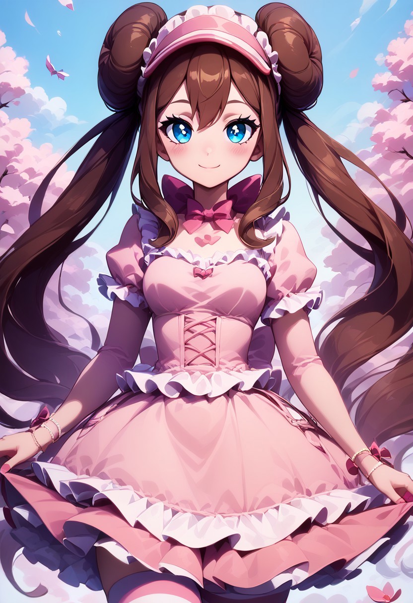 score_9, score_8_up, score_8, medium breasts, (curvy), cute, eyelashes,     
BREAK,
zzRosa, hair bun, blue eyes, twintails,
BREAK,
 closed mouth, alternate costume, smile, nail polish, looking at viewer, blush, 
zzLFashion, frilled dress, frills, bow, dress, striped thighhighs, sweetL, 
zPDXL,