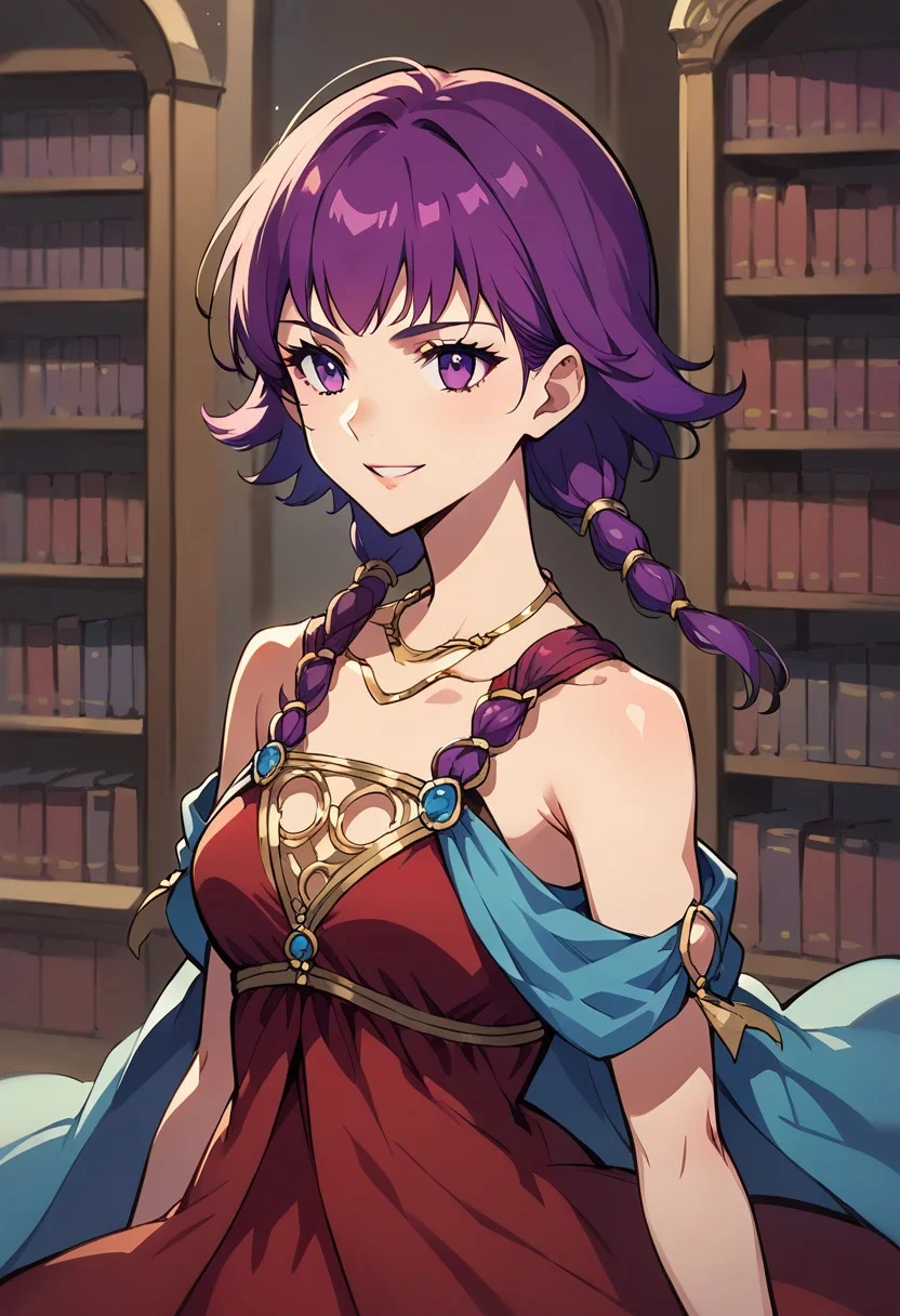 1girl, solo, alone, score_9, score_8_up, score_7_up, masterpiece, high quality, source_anime, very detailed,
LuteFE, purple hair, short hair, low twintails, purple eyes, CFit, necklace, jewelry, red dress, sleeveless dress, bare shoulders, blue cape,
standing, upper body, facing forward, closeup, portrait, pretty face, smile,
indoors, library, old study,