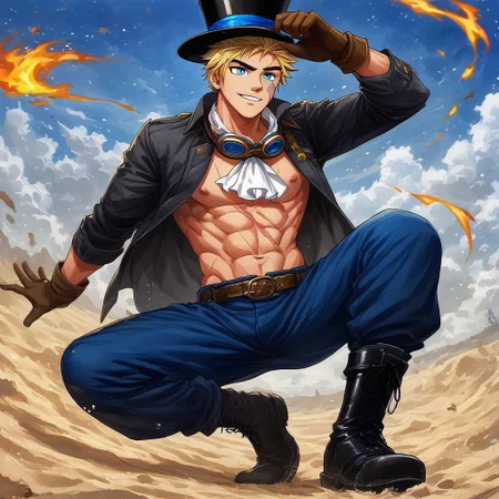 full-length portrait, dynamic pose, blue sky backgrouns, sunny day, vegetation, sand, fire and sparkles, a sexy male, SABO, male focus, 1boy, blonde hair, solo, smile, gloves, ascot, scar, pants, hat, goggles, coat, belt, goggles on headwear, short hair, top hat, shirt, scar on face, brown gloves, black headwear, open clothes, boots, open coat, white ascot, black coat, long sleeves, blue pants, black footwear, pectorals, abs, jacket, blue shirt, black gloves, goggles around neck, blue eyes, muscular, muscular male, scar across eye, white shirt, yaoi