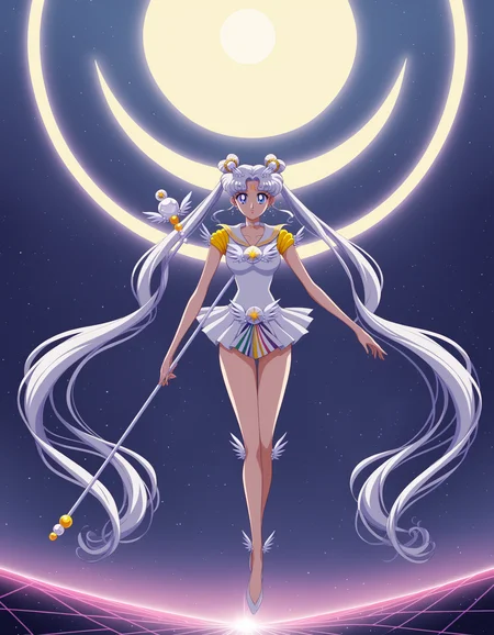 Sailor Cosmos, mature female, 1girl, solo, choker, sailor senshi uniform, jewelry, double bun, long hair, white choker, sailor collar, blue eyes, hair bun, twintails, magical girl, white sailor collar, moon, earrings, full moon, facial mark, hair ornament, staff, white hair, forehead mark, flying, crystal, crescent, outdoors, galaxy, score_9, score_8_up, score_7_up, score_6_up, <lora:SailorCosmosPnyXL:0.8> Dsk_OutrunXL