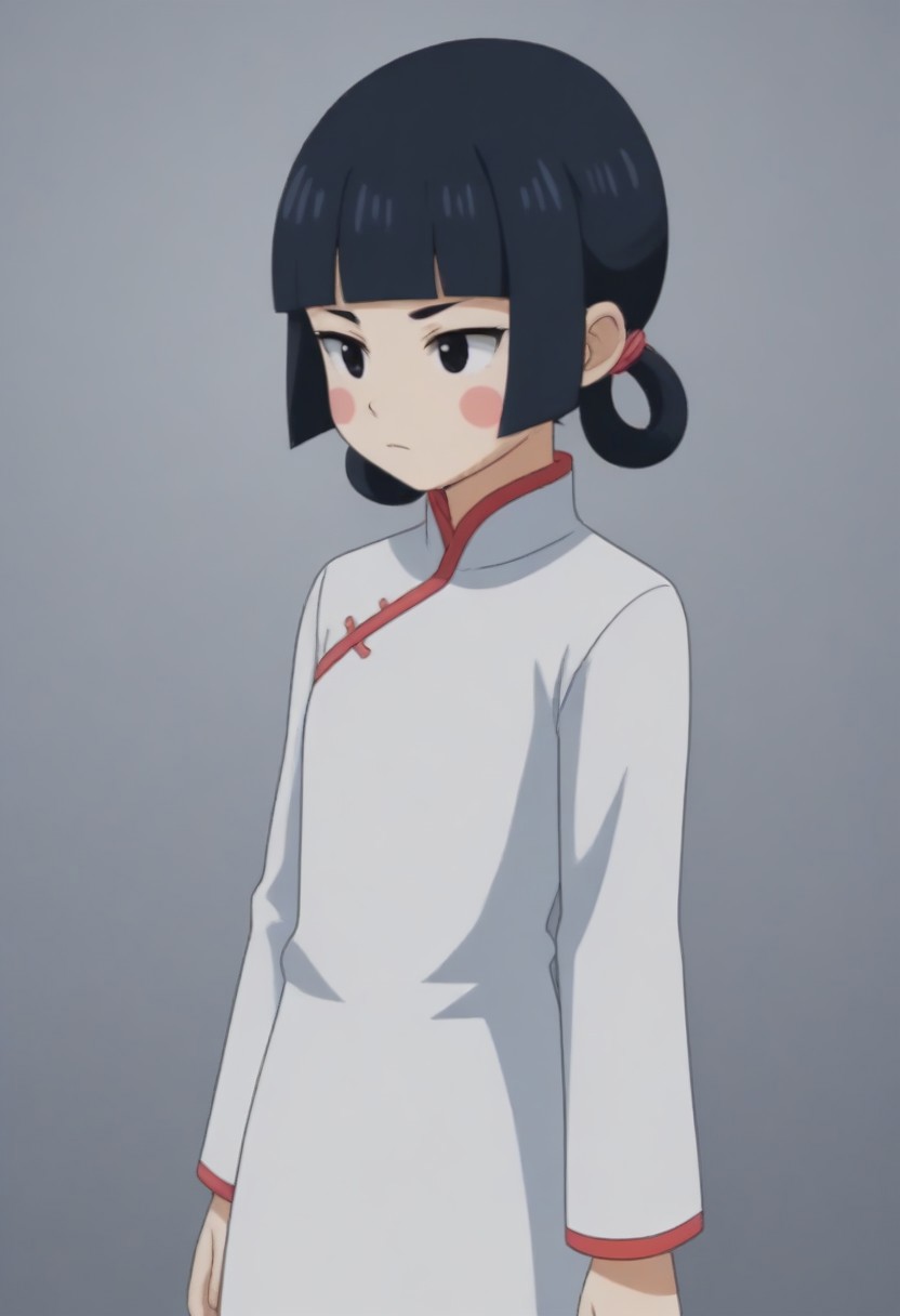 source_anime, anime screencap, source_anime, auratheguillotine, anime screencap, masterpiece, source_anime, shiny skin,,,,,,,,,<lora:jasmineMedi_illustriousXL_v01:1> jasmindef, black hair, blunt bangs, short hair, black eyes, blush stickers, hair rings, sidelocks, small brows, chinese clothes, white dress,