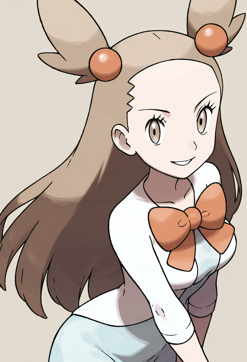masterpiece, best quality, 1girl, solo, eyelashes, (beautiful eyes), shiny skin, looking at viewer, smile, aged up, large breasts,  zzJasmine, brown eyes, hair bobbles, hair ornament, light brown hair, two side up, long hair, forehead,  white cardigan, green dress, orange bow, sleeves past elbows,  <lora:JasminePokemon_IXL_v2:1.0>, from above, dynamic pose, cowboy shot, smile, looking at viewer, shiny skin,
