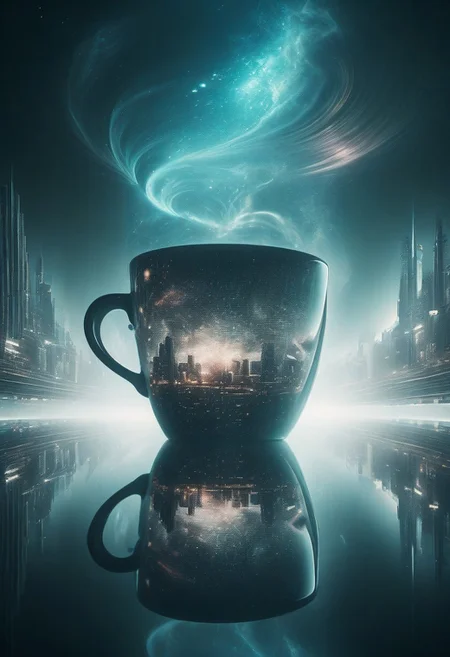 aidmaimageupgrader, Jeddblexpsre, double exposure, Create a double exposure composition that combines eerie Giger themes with surreal, dream-like imagery. Imagine a cosmic nebula swirling within a coffee cup, its ethereal light illuminating a hidden, crystalline city built on a colossal, ancient spaceship. The city's towers, made of shimmering, bioluminescent materials, reach towards the nebula, their reflections dancing on the surface of the coffee.