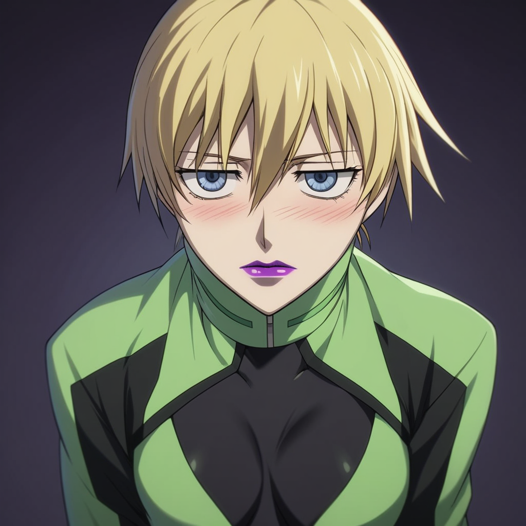 score_9, score_8_up, score_7_up, source_anime, expressive, anime, Artist speedlines, dynamic, D4RK3RTH4NBL4CK, DTB_Style, 1woman, (brita_(darker_than_black):1.2), long_hair, blonde_hair, blue eyes, purple_lips, naked_jacket ,looking at viewer, facing viewer, revealing clothes, convenient_censoring, bare_legs, high_heels, blush, blushing, embarrassed, dark background, Artist style:komori_takahiro