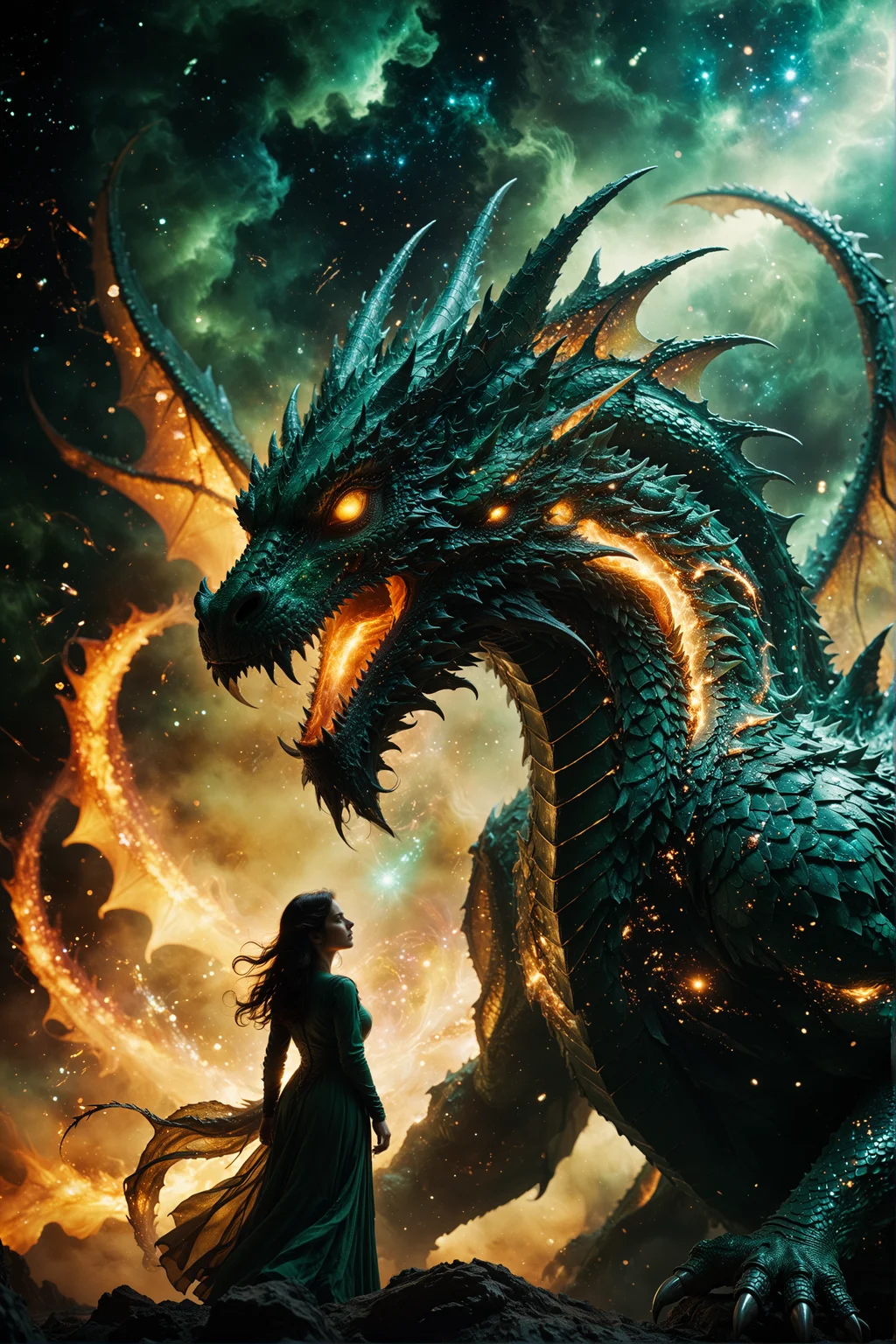 Bosstyle, Silhouette of a Woman fighting a colossal luminous dragon: This vintage photograph captures a moment of epic struggle. Dominating the scene is a translucent dark-green dragon adorned with luminescent scales, blending seamlessly with its surroundings. Its wings, composed of intricately woven energy threads, shimmer in a spectrum of colors. Amidst the night, its presence exudes a sense of mythical power. Behind it, the swirling hues of a distant galaxy provide a mesmerizing backdrop, weaving tales of cosmic battles and celestial legends. Atmospheric haze, Film grain, cinematic film still, shallow depth of field, highly detailed, high budget, cinemascope, moody, epic, OverallDetail, 2000s vintage RAW photo, photorealistic, candid camera, color graded cinematic, eye catchlights, atmospheric lighting, imperfections, natural, shallow dof <lora:ral-ertmsphr:0.45> ral-ertmsphr <lora:MJ52:0.4> <lora:add-detail-xl:1> <lora:CinematicStyle_v1:0.7>