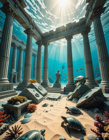 An ancient underwater Temple of Poseidon, partially buried in sand and coral at the bottom of the Aegean Sea. Massive marble columns, some broken, others still standing, encrusted with seashells and marine life. Soft sunlight filtering through the ocean surface above, casting shimmering rays over the temple ruins. Colorful fish and sea turtles swimming peacefully around. The atmosphere is mystical and serene, with a bluish-green hue dominating the scene. A statue of Poseidon with a trident stands at the center of the temple, covered in algae and marine growth. Realistic style, high detail, cinematic lighting, wide-angle view.
<lora:SDXLFaeTastic2400:0.4> <lora:extremely_detailed:0.4> extremely detailed,underwater Temple of P0s31d0n, <lora:underwater_Temple_of_P0s31d0n-i:1>, Masterpiece,best quality,hi res,8k,hi res,8k,award winning,(sharp focus, intricate, highly detailed),