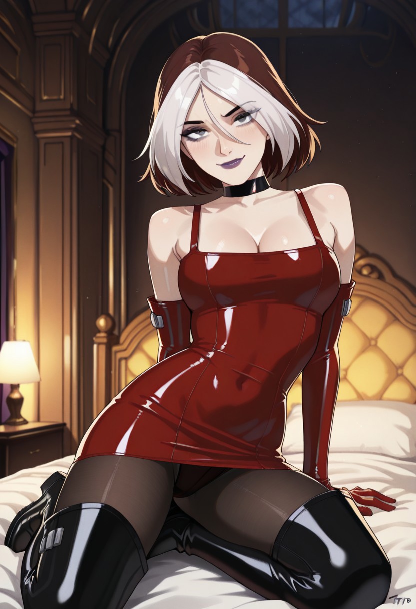 masterpiece,best quality,amazing quality,very aesthetic,absurdres,newest, detailed faces, (((typ0))), (vibrant, dynamic lighting, edge lighting), (dramatic lighting:1.5), (detailed faces:1.5), (detailed eyes:1.5), bedroom, mansion, yellow light, night,
(RogueEvo, two-tone hair, brown hair, short hair, white bangs, grey eyes, lipstick, purple lips, makeup, red dress, gloved dress, black choker, bare shoulders, cleavage, pantyhose, thighhigh boots, arm accents, boot accents), 
sexy, sexy pose, seductive smile, looking at viewer, seductive, on bed, from front, laying back, horny, sexually suggestive, kneeling, legs spread, sitting, leaning back