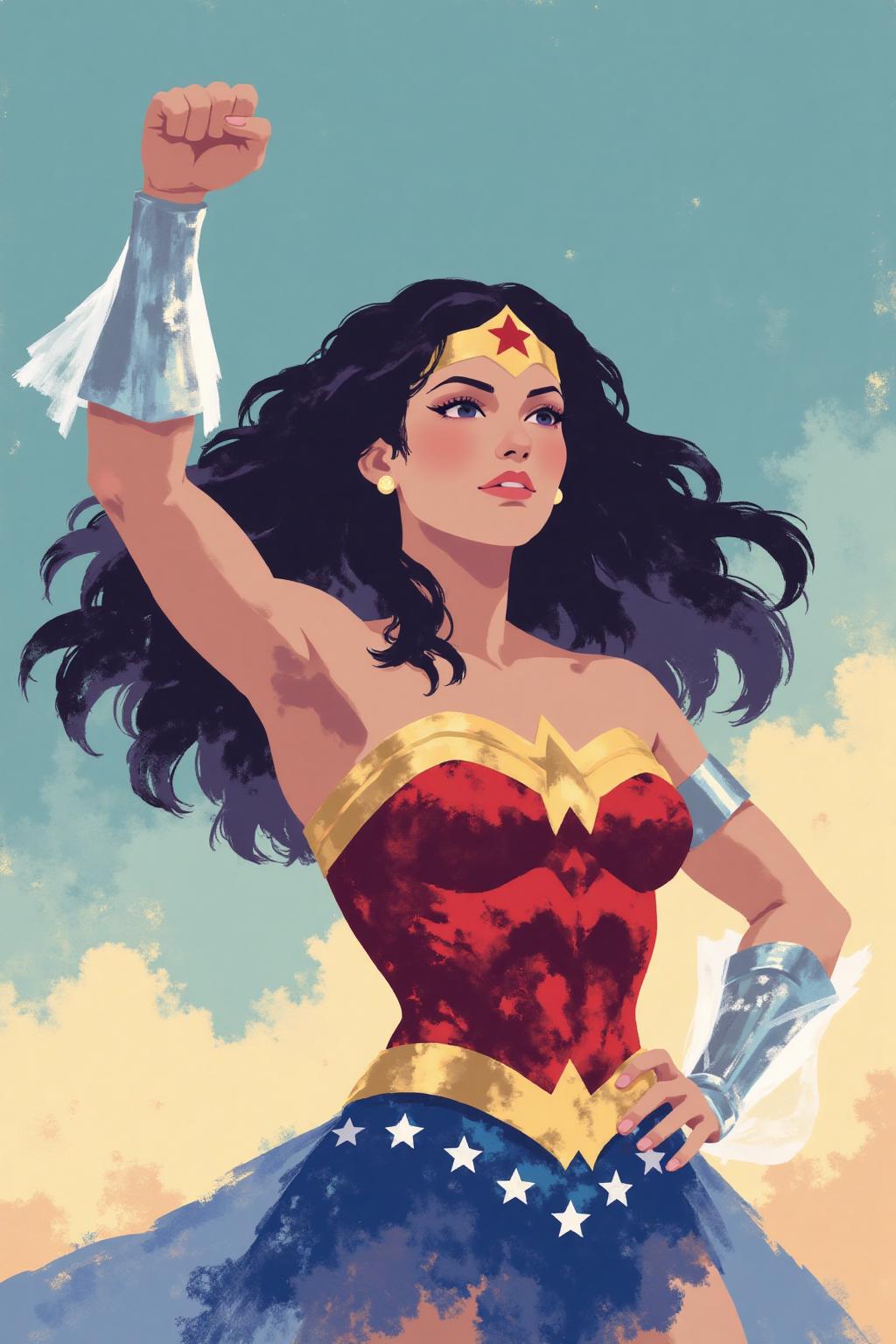 i11ustmin Wonder Woman raising her fist into the air <lora:minimalist_flat_illustration_nbm:1.0><lora:796966916183965508:0>