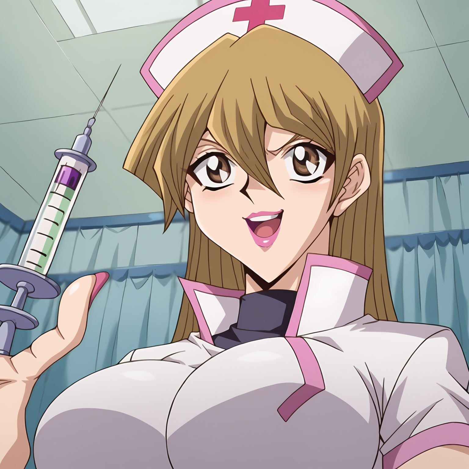score_9, score_8, score_7, source_anime, uncensored, break, masterpiece, best quality, <lora:Asuka_Tenjoin:1>, 1girl, blonde hair, brown eyes, hair between eyes, long hair, huge breasts, pink lipstick,  cute anime eyes, shiny skin, shiny hair,  pink nurse uniform, nurse cap,  infirmary, indoors, holding syringe, from below, evil laugh, hospital, standing