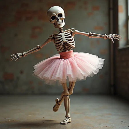 skeletor from the show he-man is dressed in a tutu and tights and is performing a ballet dance