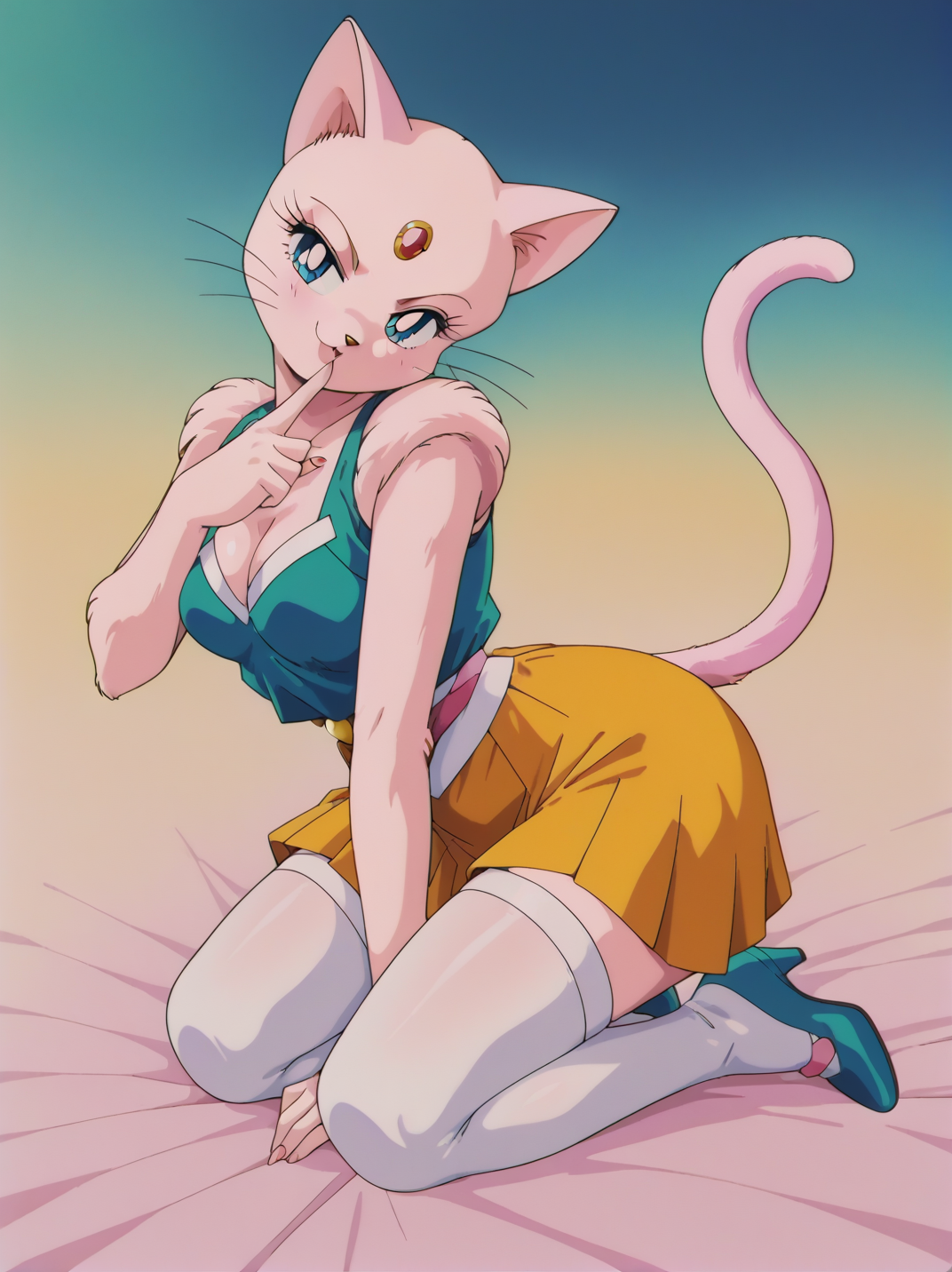 score_9, score_8_up, score_7_up, anime screencap, anime coloring, retro artstyle,
1girl, magical girl, white thighhighs, skirt, cleavage, cat tail, cat girl, animal ears, (cat ears:1.1), (bald:1.1), medium breasts, wide hips, bright pupils,, naughty face, one hand at side, head tilt, sexually suggestive, sexy pose, from side,
, looking at viewer, (dynamic pose:1.1), full body, all fours, leaning forward, gradient background,,
(fur skin:1.2), colored skin, white skin, furry female, fur, 
TominagaFurry,, <lora:ATominagaFurry_style-10-PONY:1>