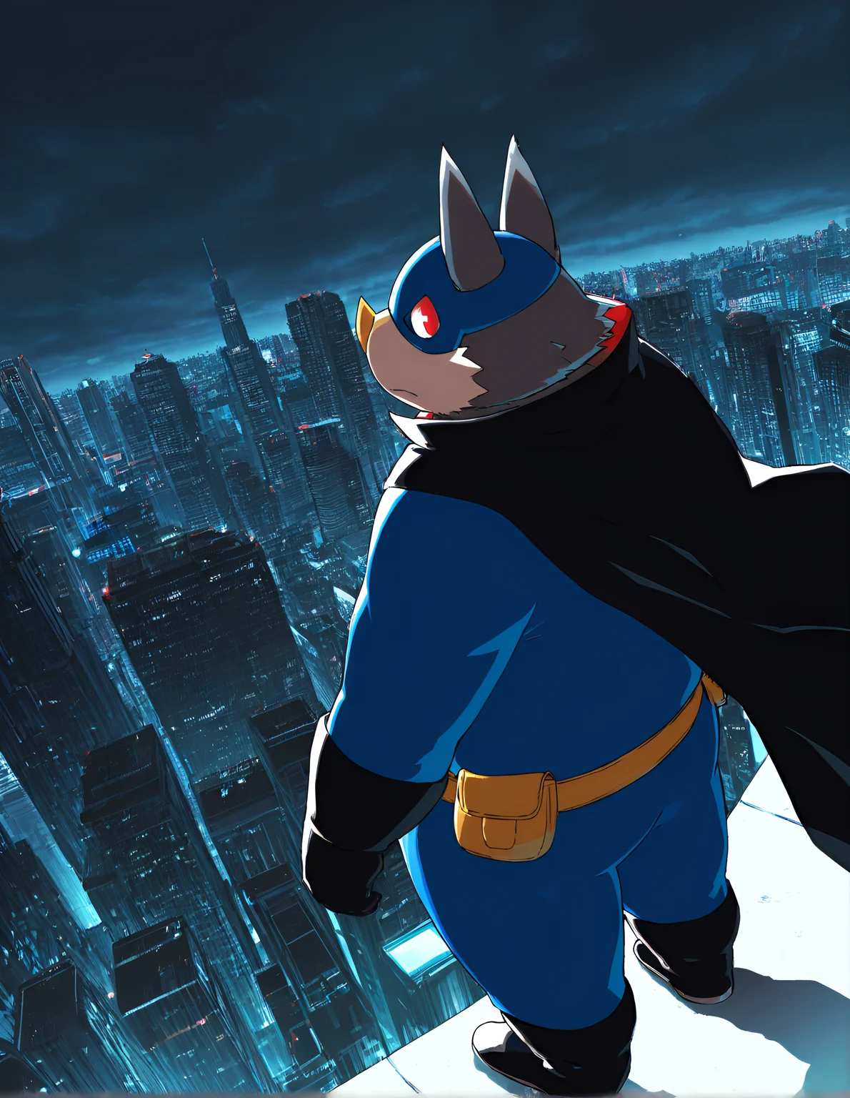 kisukemk777,from above,furry,furry male,overweight_male,plump,masterpiece, best quality, amazing quality,Sharp focus,UHD,High quality,64k,8k,solo, 1boy, gloves, closed_mouth, male_focus, outdoors, sky, black_gloves, belt, cloud, cape, muscular, mask, bodysuit, muscular_male, pectorals, cloudy_sky, animal_print, building, pouch, city, black_bodysuit, black_cape, cityscape, superhero, blue_bodysuit, bat_print, domino_mask, grey_sky, bat_ears, utility_belt, yellow_belt, grey_bodysuit, western_comics_\(style\)outdoors, sky, signature, night, building, scenery, science_fiction, city, silhouette, cityscape, skyscraper, city_lights, cyberpunk, neon_lights