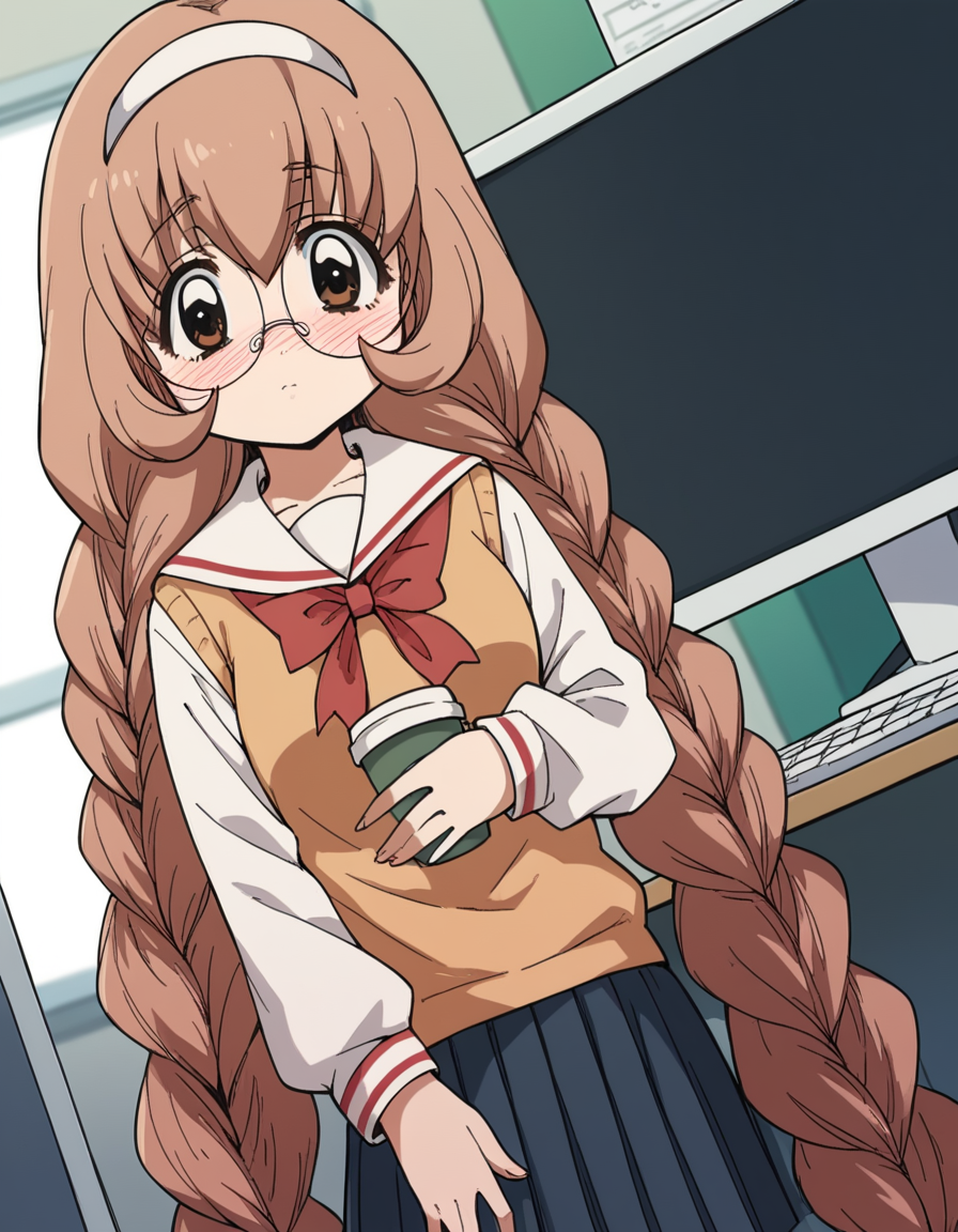 score_9, score_8_up, score_7_up, source_anime, <lora:mimi-usa-s1-ponyxl-lora-nochekaiser:1>, mimi usa, long hair, brown hair, brown eyes, very long hair, braid, hairband, glasses, twin braids,, school uniform, serafuku, long sleeves,, home office, working from home, computer screen, coffee cup, focus, deadline, , hand on stomach, blush,, looking at viewer, solo,, dutch angle, cowboy shot