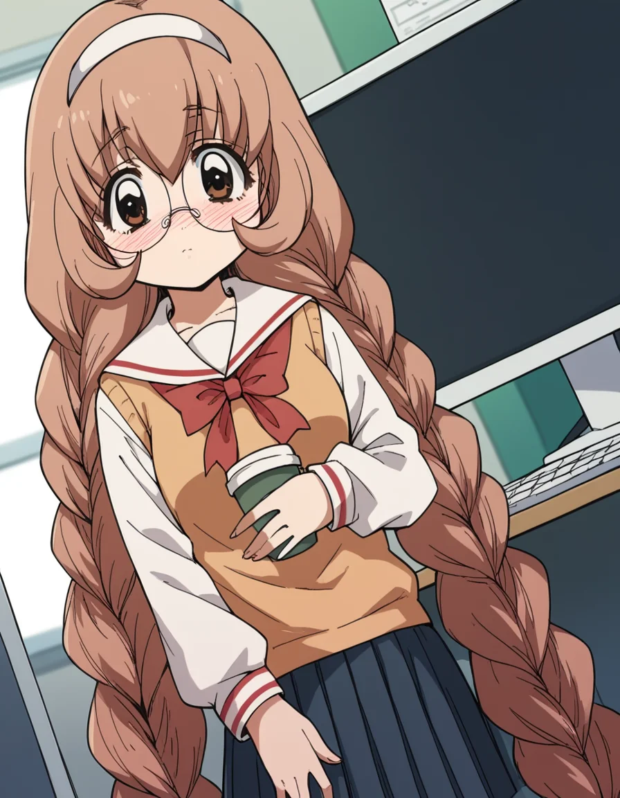 score_9, score_8_up, score_7_up, source_anime, <lora:mimi-usa-s1-ponyxl-lora-nochekaiser:1>, mimi usa, long hair, brown hair, brown eyes, very long hair, braid, hairband, glasses, twin braids,, school uniform, serafuku, long sleeves,, home office, working from home, computer screen, coffee cup, focus, deadline, , hand on stomach, blush,, looking at viewer, solo,, dutch angle, cowboy shot