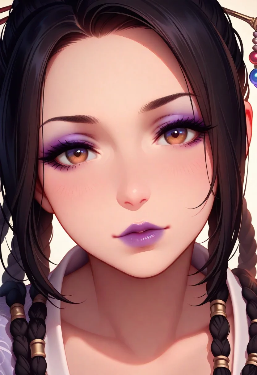 masterpiece, best quality, amazing quality, very aesthetic, flat colors, (artist:Tsuaii:1),
1girl, close up portrait, eye focus, Lulu \(ff10\), 1girl, mature female, hair stick, black hair, single hair bun, multiple braids, eyeshadow, purple lips, looking at viewer