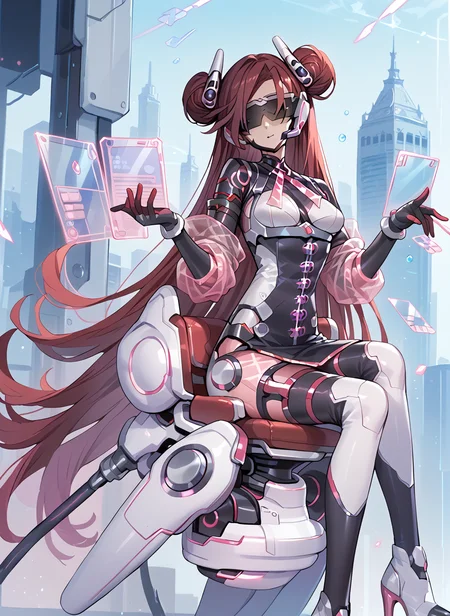 score_9_up, score_8_up, score_7_up,score_6_up,score_5, high quality,
<lora:Backup operator v1:1>Backup operator,1girl, high heels, Head-mounted displayï¼neckwear. red hair, bodysuit, gloves,  very long hair, breasts, hair bun,  Hair accessories.Chair. Sitting