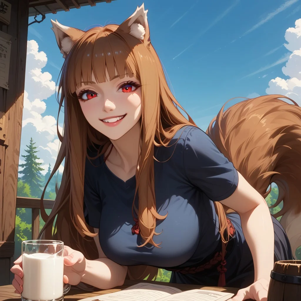 score_9,score_8_up,score_7_up, 1futa, holo, kitsune, brown hair,long hair,red eyes, wolf girl,wolf ear,wolf tail, large fluffy tail, large breasts, lean athletic build, devilish smile, milk jug behind her,
leaning forward, looks at viewer,
