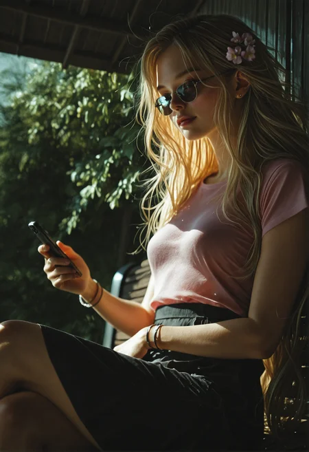 mwv7_alpha_v01,
dutch_angle, 1girl, (mature_female:0.8), solo, wrinkled_skin, very_long_hair, blonde_hair, messy_hair, ambient light, pink printed t-shirt, (small_breasts:1.2), bracelet, bus_stop, sunlight, vegetation, black high-waist_skirt, sitting_on_bench, hair_flower, light_smile, crossed_legs, sunglasses, holding_phone, looking_at_phone, analog film,, masterpiece, best quality, good quality
