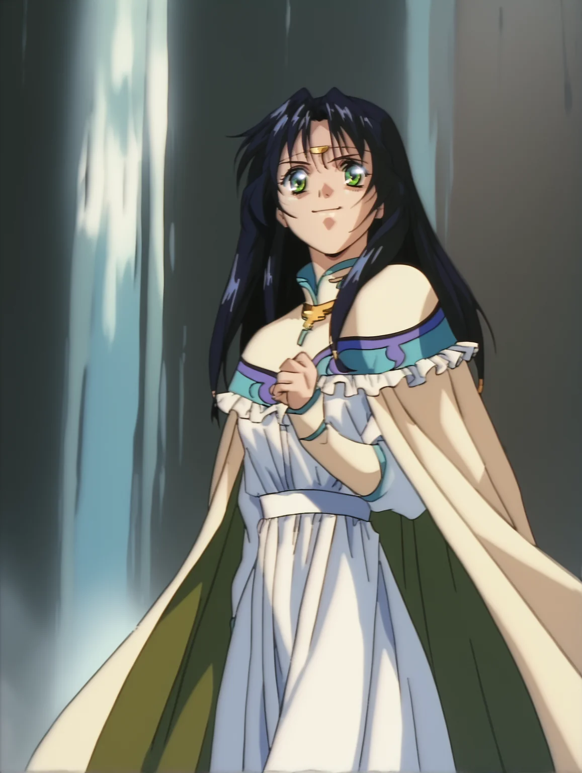 score_9, score_8_up, score_7_up, <lora:words-worth-ponyxl-000009:1> m4ri4ww, circlet, cape, white dress, 1girl, solo, smile, waterfall, cowboy shot
