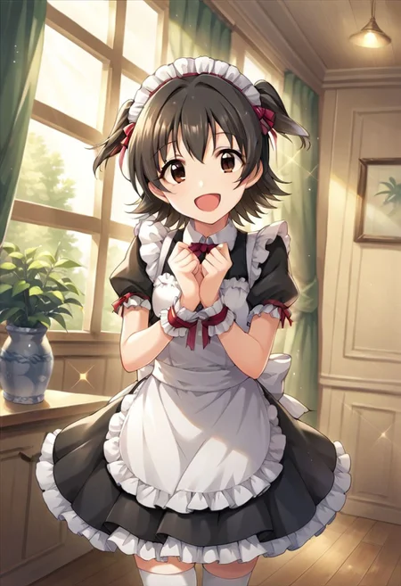 score_9, score_8_up, score_7_up, source_anime,akagi miria, short hair, black hair, brown eyes, two side up, 1girl, solo, maid, thighhighs, maid headdress, smile, open mouth, apron, wrist cuffs