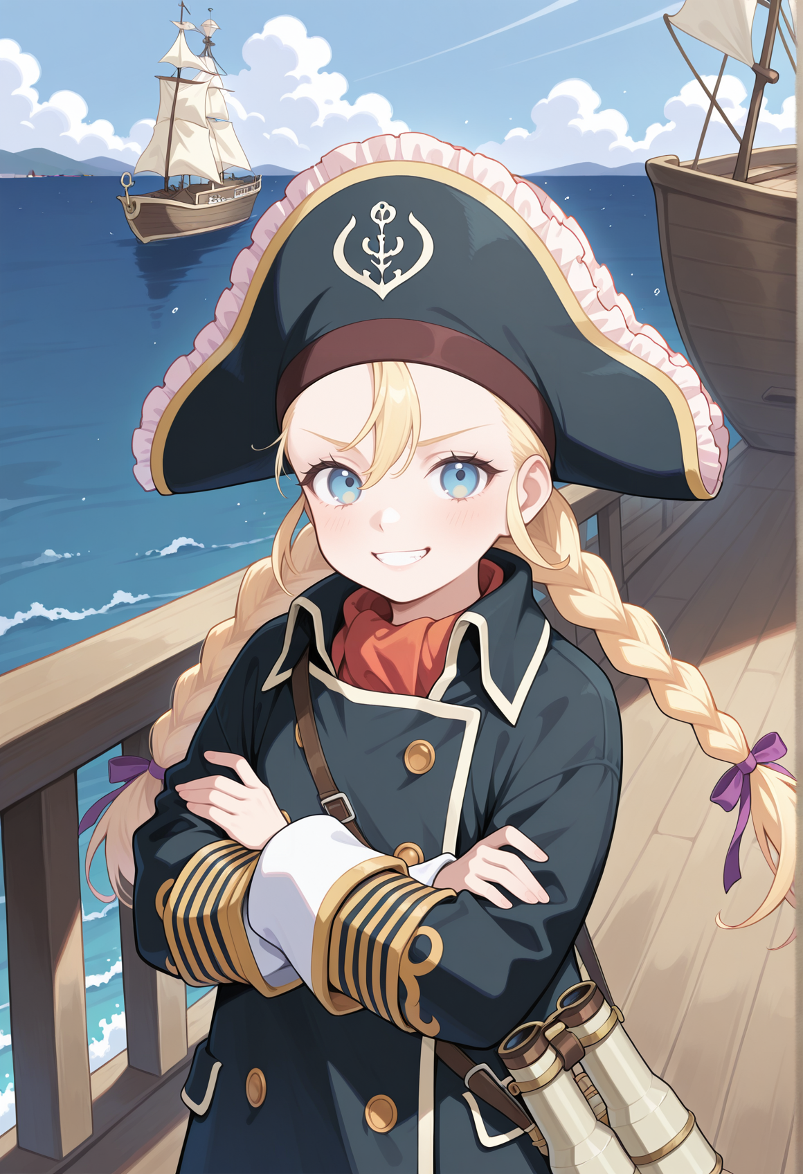 1girl, blue eyes, twin braids, blonde hair, sidelocks, pirate hat, ascot, coat, binoculars, outdoors, crossed arms, ship deck, wind, ship's figurehead, smile, clenched teeth,   <lora:Patty_Fleur:1>, masterpiece, best quality, amazing quality, very aesthetic, absurdres, highres, newest