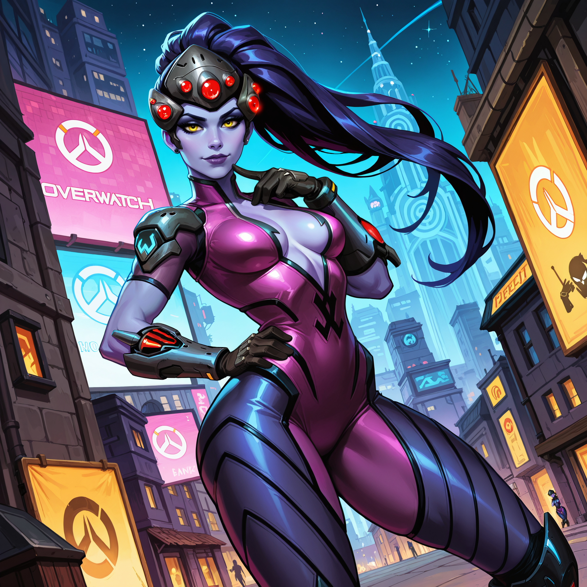 2d, source_cartoon, western comics \(style\),

intricate detail,

eye contact:1.2, looking at viewer:1.25, dynamic angle, dynamic shot, fingers on lips, hand on hip, arched back, seductive pose,

BREAK

1girl, solo, widowmaker from overwatch, purple colored skin, yellow colored eyes,

fit body, almond shaped eyes, long eyelashes, medium breasts, small narrow waist, wide hips, thick thighs,

BREAK

widowmaker outfit, purple and black widowmaker outfit,

BREAK

detailed background, detailed scenery, outdoors, futuristic overwatch background, nighttime,