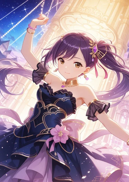 <lora:Liu_IL:1>, purple hair, long hair, side ponytail, bangs, brown eyes, hair ornament, ribbon, mole, mole under eye, jewelry, dress, purple hair, earrings, bracelet, breasts, hair ornament, strapless, scrunchie, frills, strapless dress,,, BREAK
masterpiece, best quality, amazing quality, very aesthetic, absurdres, newest,
cute, <lora:Eyes_High_Definition:0.6>, eyesHD, high gradient eyes, detailed eyes, high definition eyes,
<lora:LECO_Particles:1>,
BREAK, general, dutch angle, from front,, light smile, dynamic pose,