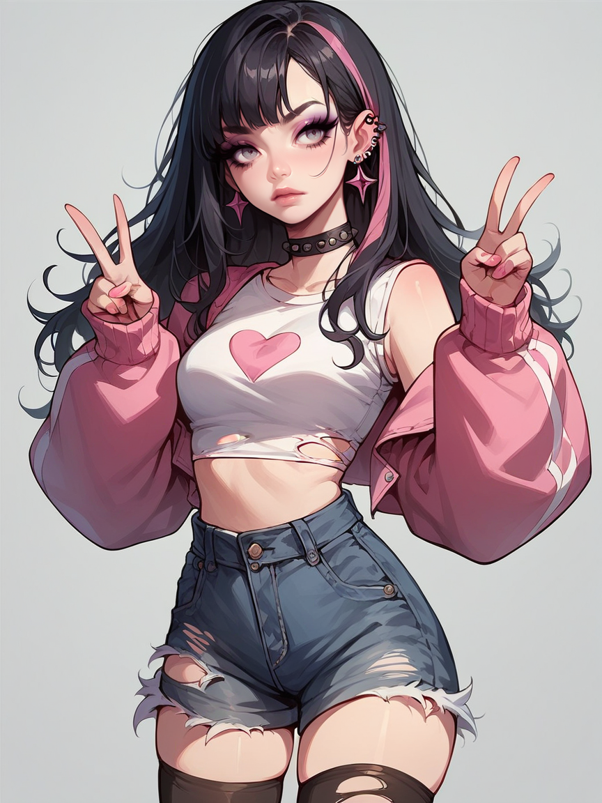 source_anime, score_9, score_8_up, score_7_up, score_6_up, score_5_up, <lora:egirlXLP:0.8> egirl, 1girl, solo, makeup, black hair, pink streaked hair, crop top, torn clothes, ear piercing, eyeshadow, v, shorts, midriff, thighhighs,