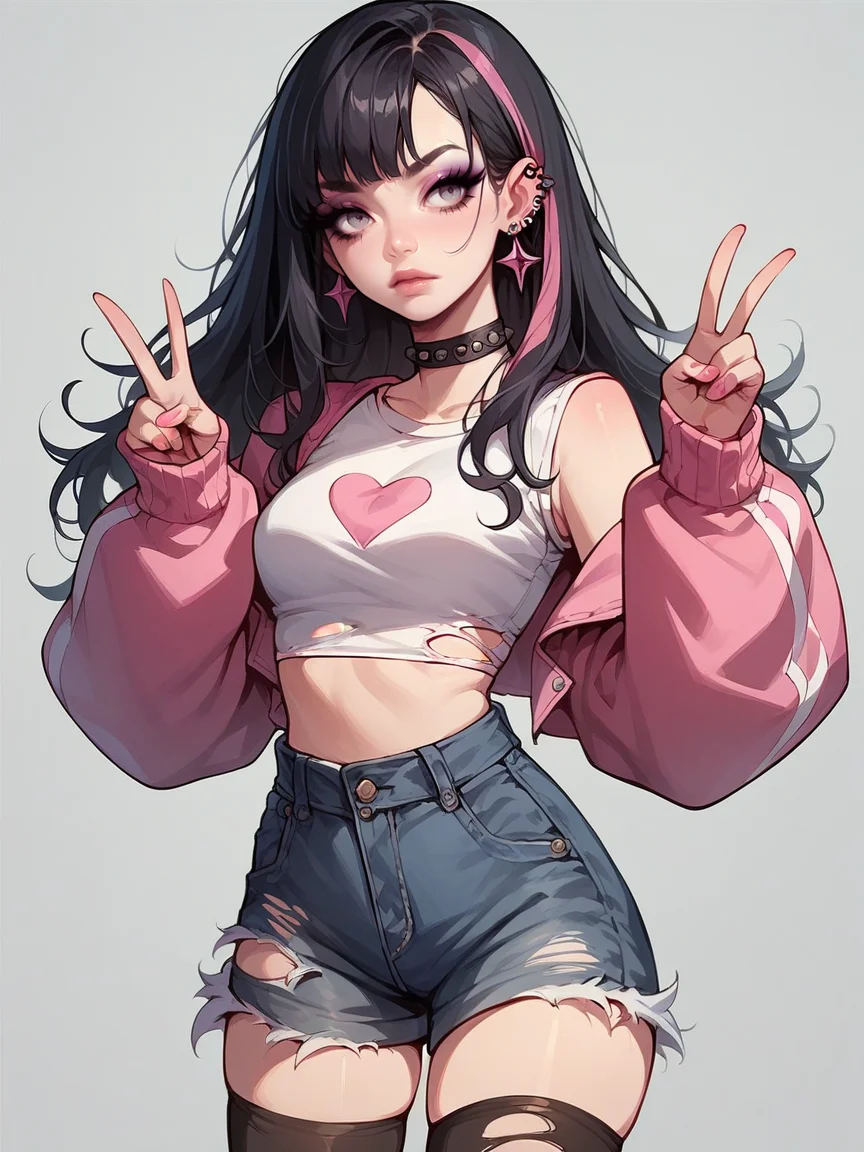 source_anime, score_9, score_8_up, score_7_up, score_6_up, score_5_up, <lora:egirlXLP:0.8> egirl, 1girl, solo, makeup, black hair, pink streaked hair, crop top, torn clothes, ear piercing, eyeshadow, v, shorts, midriff, thighhighs,