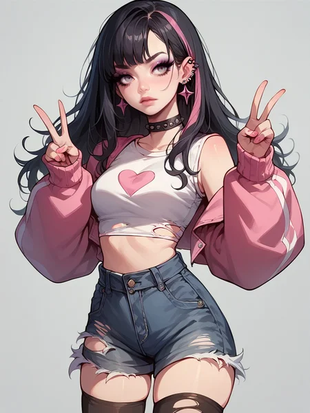 source_anime, score_9, score_8_up, score_7_up, score_6_up, score_5_up, <lora:egirlXLP:0.8> egirl, 1girl, solo, makeup, black hair, pink streaked hair, crop top, torn clothes, ear piercing, eyeshadow, v, shorts, midriff, thighhighs,