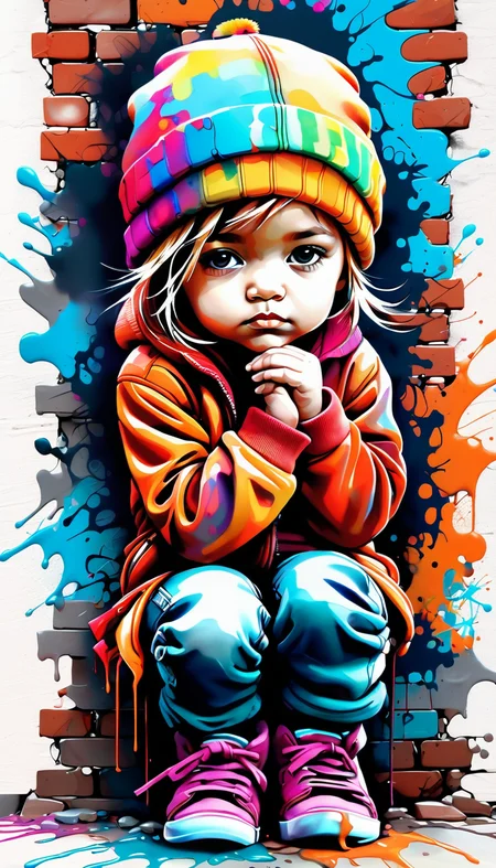 (graffiti style child:1.3), (watercolor painting), (on brick building), kneeling, (tertiary color:1.2), vibrant color, deep shadow, style of Carne Griffiths and Alberto Seveso,
Abstract, Artistic, absurdres, (8k resolution), high details, detailed and intricate, intricate details,