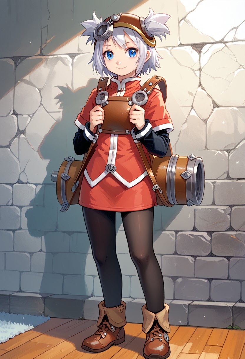 score_8, score_8_up, score_7_up, traditional media, pathfinder portrait BREAK 1girl, female focus, solo, pratty_scs, white hair, helmet, hair through headwear, two side up, bangs, sidelocks, short hair, blue eyes, Mandarin collar, red jacket, chest guard, red skirt, layered sleeves, short over long sleeves, sleeve cuffs, sheath, pantyhose, black pantyhose, sheath, ankle boots, brown footwear, standing, indoors, metal floor, metal wall, carpet, smile, arms at side, looking at viewer, full body