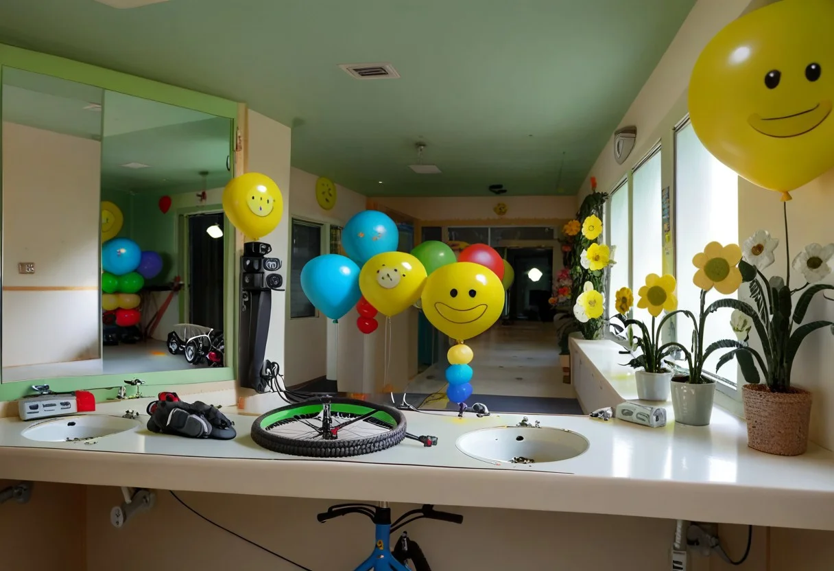 gradient, short sleeves, a bunch of balloons with smiley faces on them, power lines, a room with a green circular table and a flower arrangement, reflection, a bike and a desk, close-up, bathroom, bicycle, ground vehicle
