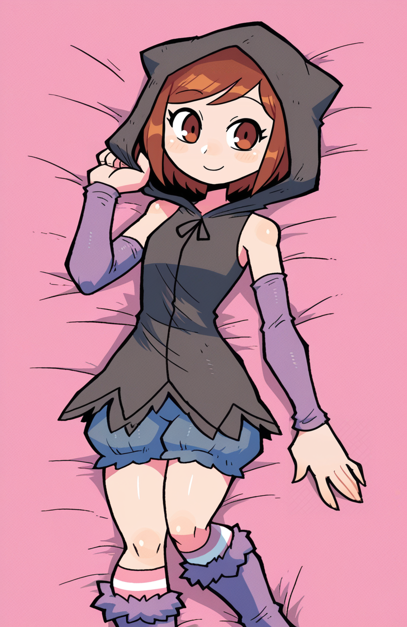 1girl, solo, <lora:rariatoo:1> rariatto,
<lora:BekBry:0.6> bekbry, brown eyes, brown hair, short hair, swept bangs, petite, black lace-trimmed hoodie, sleeveless dress , hood up, blue baggy shorts, pink kneehighs, purple fur-trimmed boots, lying, propped on elbow, soft gaze, delicate smile, enchanting romance, extremely detailed, highres, masterpiece, best quality