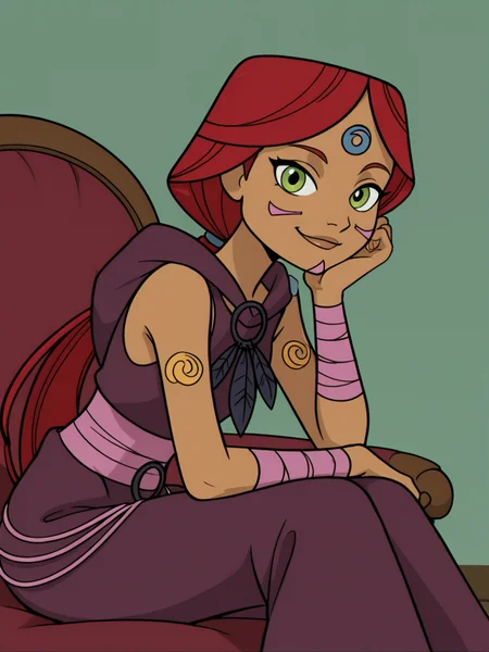 (masterpiece,best quality,newest,absurdres,highres), 4nn4Ma4t, 1girl, solo, long hair, green eyes, red hair, dark-skinned female, low ponytail, sitting on armchair, smile, looking at viewer, leaning forward  <lora:Anna_Maht_IllustriousXL:0.9>