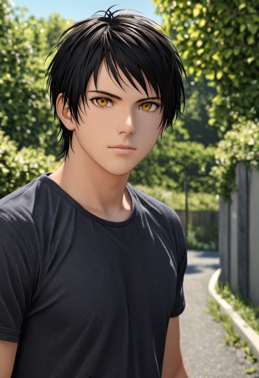 photorealistic, (4k), extremely detailed, hyper detailed, high resolution, professional photography, best quality, 1boy, solo, male focus, easynegative, Sasuke Tsubaki, Black Hair, outdoor, 3/4 body, casual, yellow eye