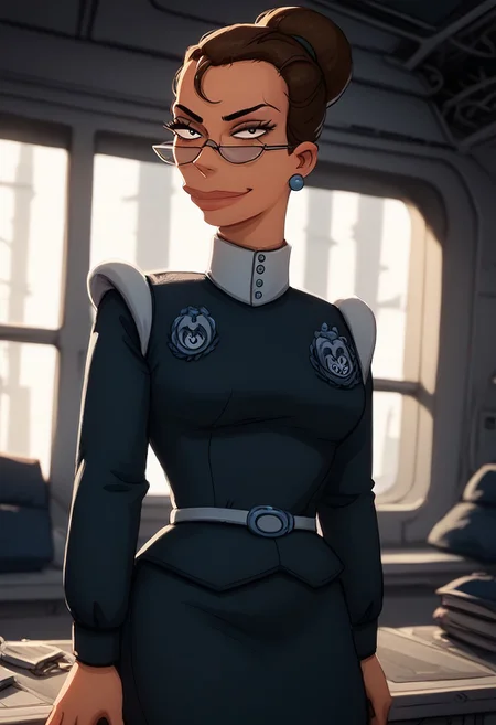 Score_9, score_8_up, score_7_up, best quality, eyedetailxl, bettereyes, detailed_eyes, black pupils,
Break,
Morgan Proctor, 1girl, single hair bun,Strand of hair over forehead, glasses,Uniform, skirt, belt, badge, earrings, jewlery, high heels, looking at viewer, staring at viewer, seductive expression, upper body, close up, smirk,
Break,
Indoors, spaceship,