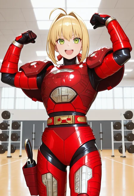 1girl, solo, R3ddle, armor, red armor, bodysuit, shoulder pad, gloves, belt, holster, shiny clothes,(nero claudius (fate):0.9), blonde hair, green eyes, flexing, looking at veiwer, smile, open mouth, covered neck, black neck, cowboy shot,
indoors, gym,
best quality, very aesthetic, masterpiece,