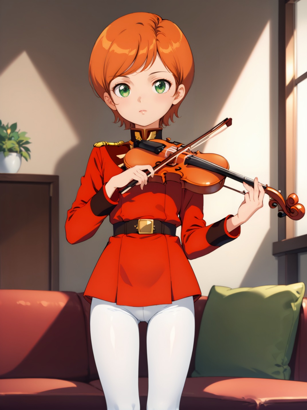 score_9,score_8_up,score_7_up,high quality,masterpiece,perfect light,orange hair,short hair,green eyes,mineva,young girl,1girl,anime,japanese anime,a cute young girl playing violin in a living room,red uniform,white pants,accurate hands,<lora:mineva-v1-pony:0.9>,