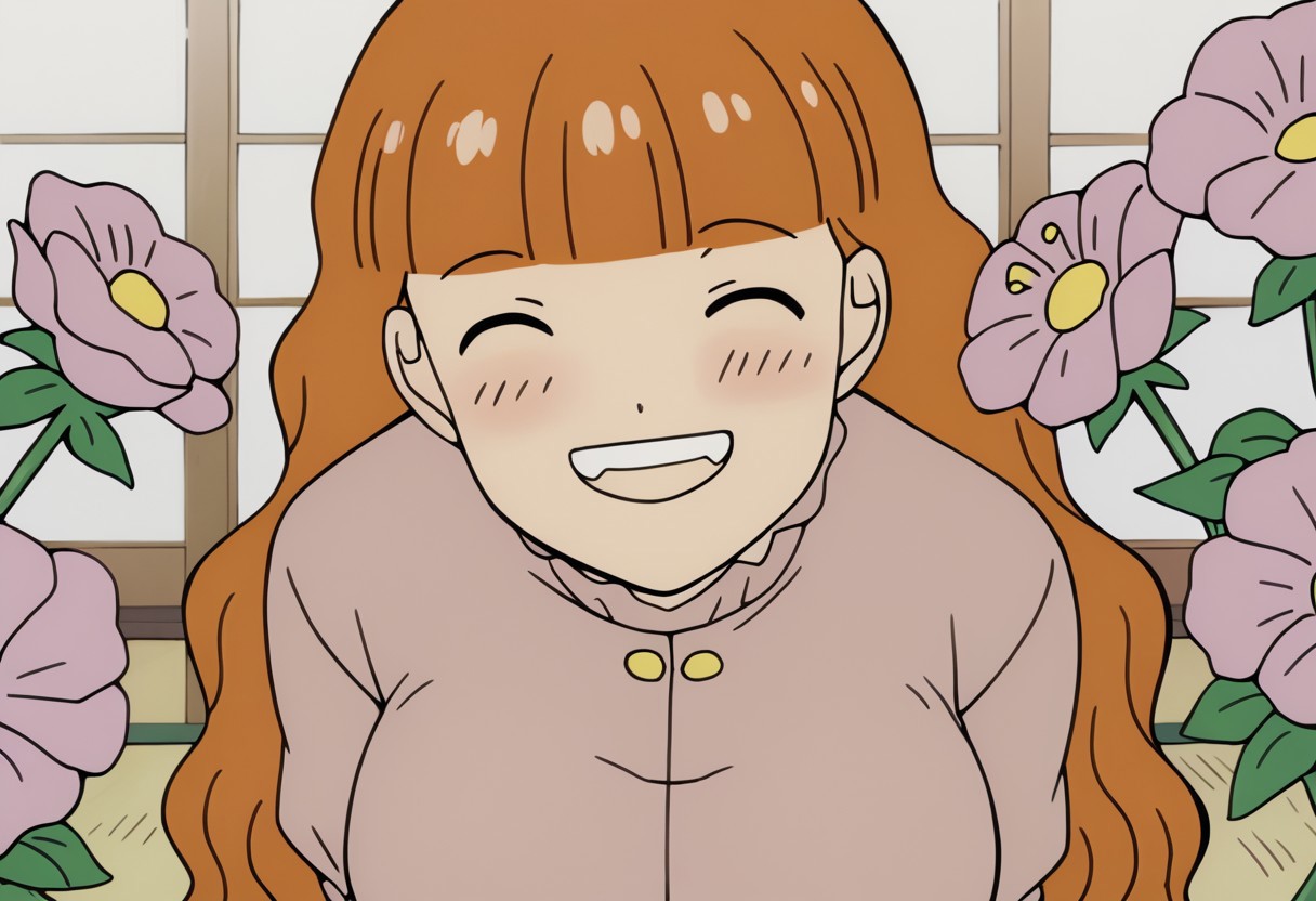score_9, score_8_up, score_7_up BREAK Hanabatake, 1girl, long wavy orange hair, blunt bangs, closed eyes, smiling, happy, busty, big breasts, curvy, anime, source_anime, japanese bedroom indoors, fucked silly, flowers everywhere, surrounded by flowers, flowers around,