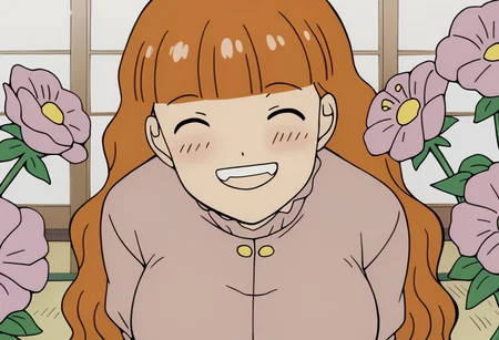 score_9, score_8_up, score_7_up BREAK Hanabatake, 1girl, long wavy orange hair, blunt bangs, closed eyes, smiling, happy, busty, big breasts, curvy, anime, source_anime, japanese bedroom indoors, fucked silly, flowers everywhere, surrounded by flowers, flowers around,